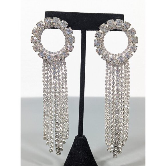 Unbranded Jewelry - Retro Clear Rhinestone Large Circle Fringe Tassel  Long Statement Earrings Runwa